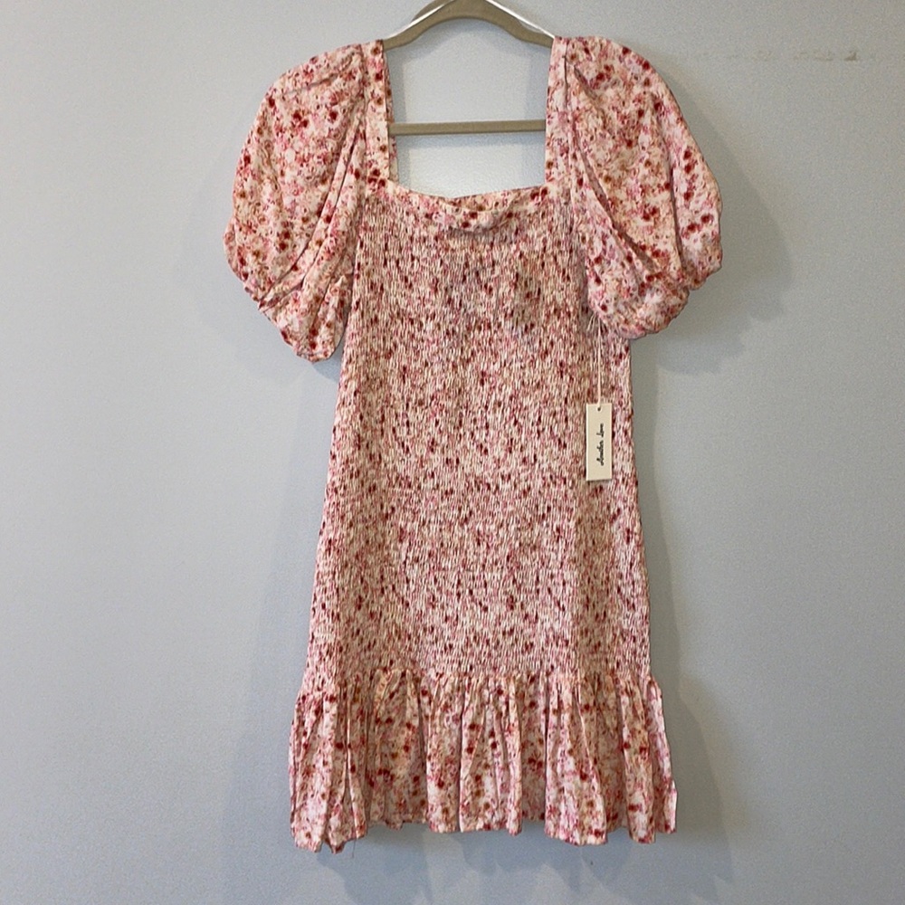 NWT Another Love Pink Floral Smocked Puff-Sleeve Mini Dress MP - Picture 2 of 6